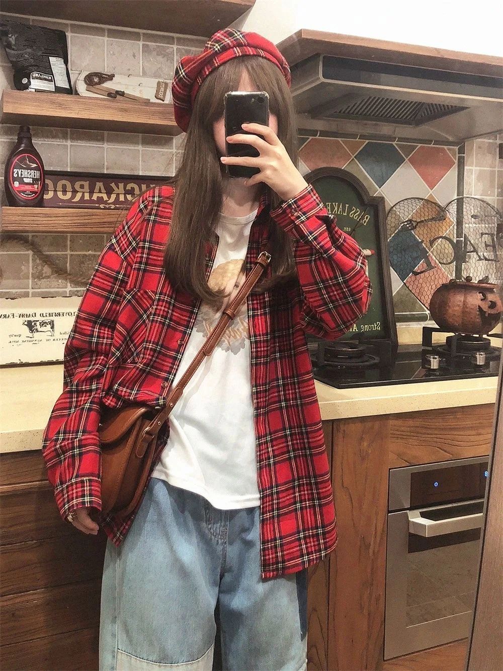 Scottish Red Plaid Shirt Luxury Hong Kong Style Vintage Loose Fit Women's Button up Shirt Polo Collar Full Sleeve Slim Fit