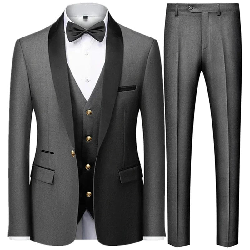 3 Pieces Set Men's Business Blazers Coat / Male Slim Fit Color Matching Collar Suit Tuxedo Leisure Jacket Pants Vest Wedding