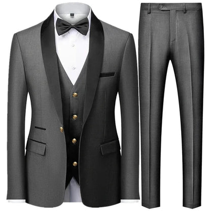 3 Pieces Set Men's Business Blazers Coat / Male Slim Fit Color Matching Collar Suit Tuxedo Leisure Jacket Pants Vest Wedding