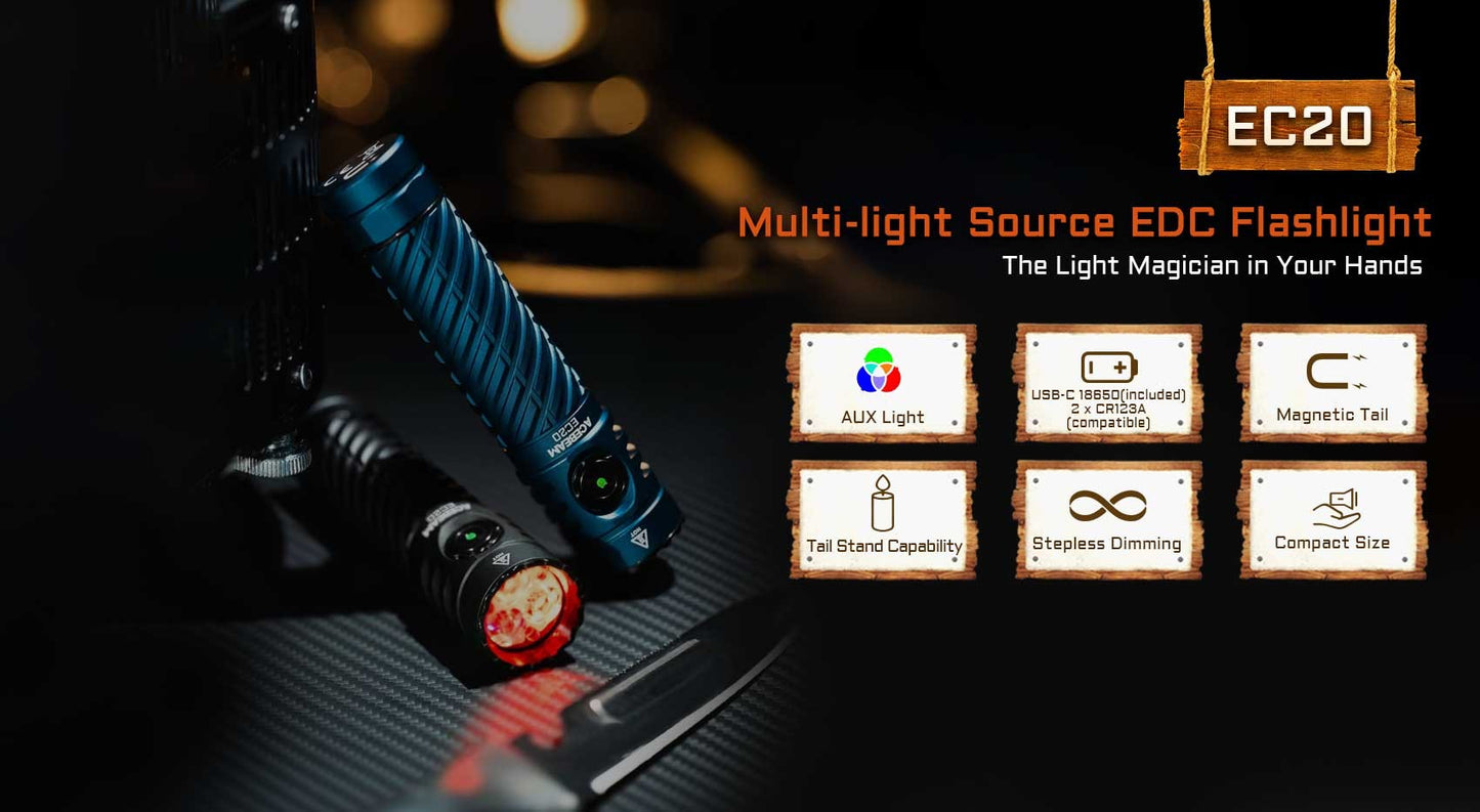 ACEBEAM EC20 EDC Flashlight 18650 USB C Rechargeable Torch 519A High CRI LED 2800 Lumens 340 Meters Multi-color Auxiliary Light