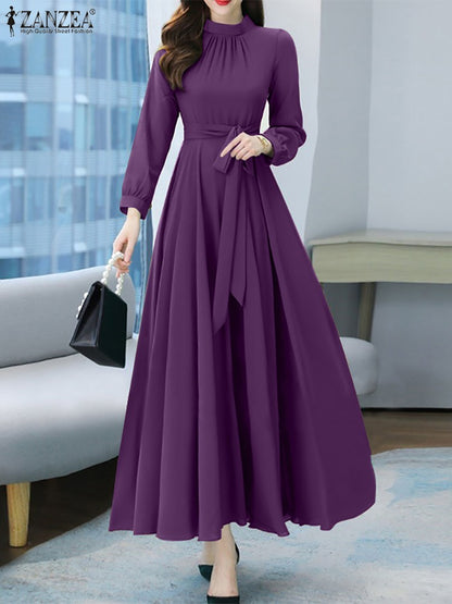 ZANZEA Women Long Sleeve A-line Sundress Spring Long Dress Autumn Solid Party Holiday Maxi Dresses Vestidos Femme Vintage Robe