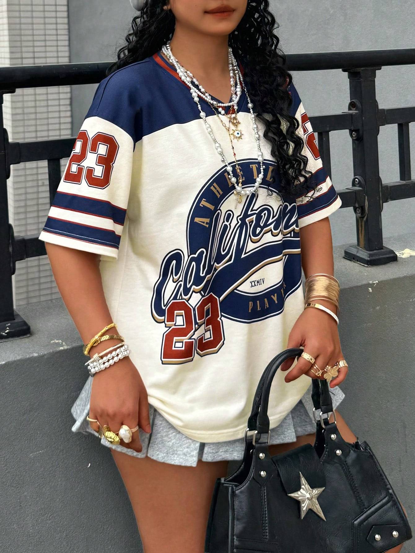 California 23 Printed Letter Jersey Women'S T-Shirt V-Neck Loose Short Sleeved Personalized Fashionable Casual Half Sleeved Top