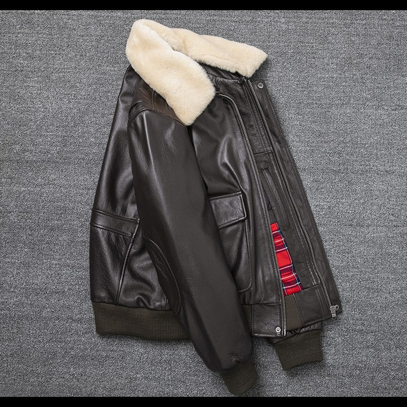 Air Force Flight Jacket Fur Collar Genuine Top Layer Cow Leather Jacket Men Black Brown Cow Coat Men's Winter Jacket ?? ??