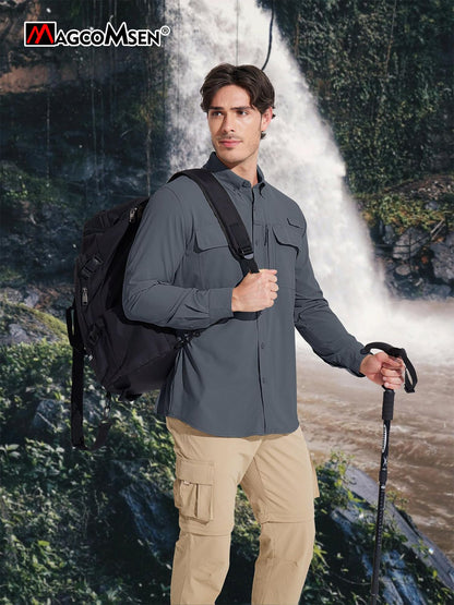 MAGCOMSEN Sun Protection Shirt Quick Dry Long Sleeve Mesh Breathable Shirt Multi Pockets Fishing Shirts Hiking Work Cargo Shirts