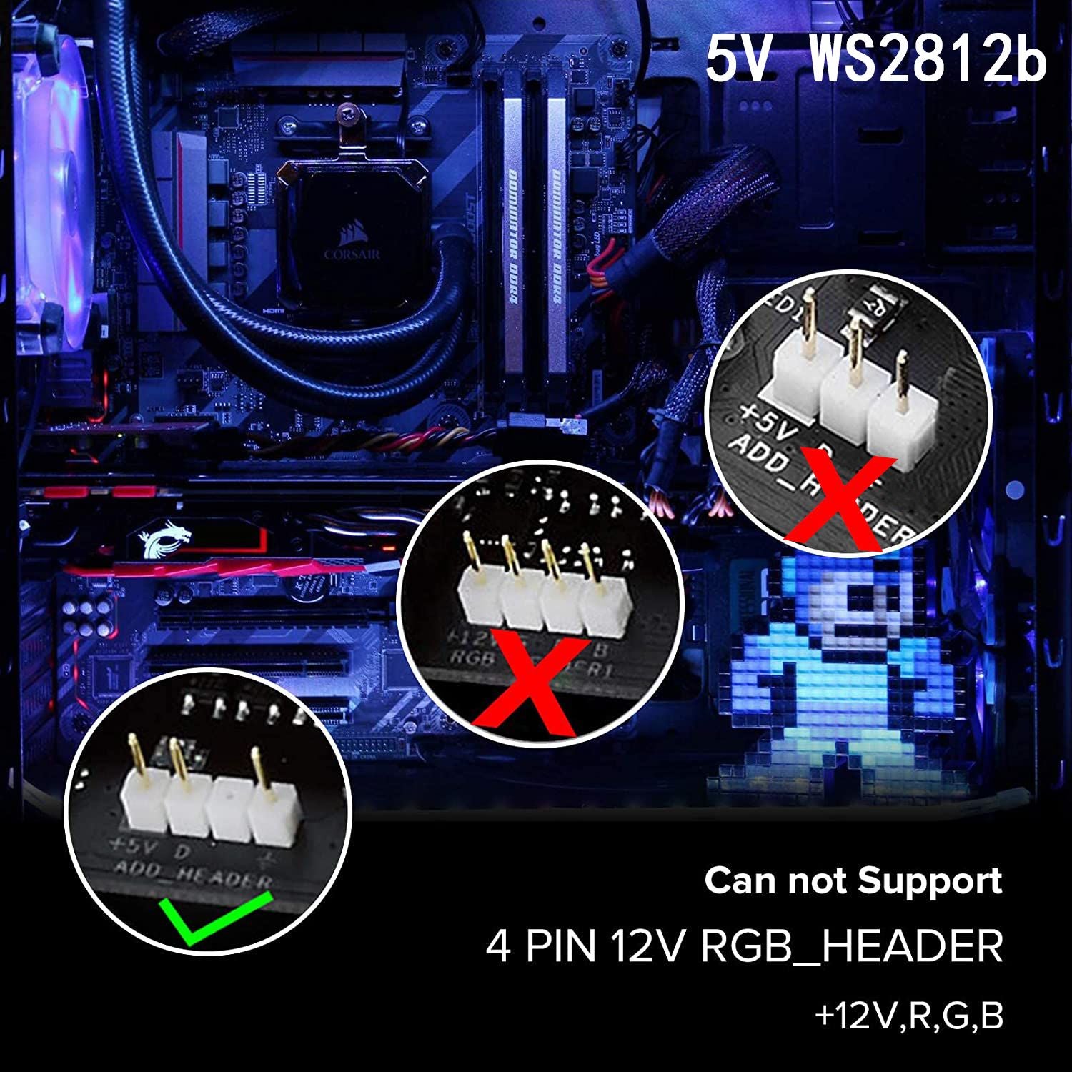 Addressable Rainbow PC Digital WS2812b LED Strip Light for 5V 3pin ARGB Header PC Case Asus Aura Sync RGBIC Fusion MSI Mystic
