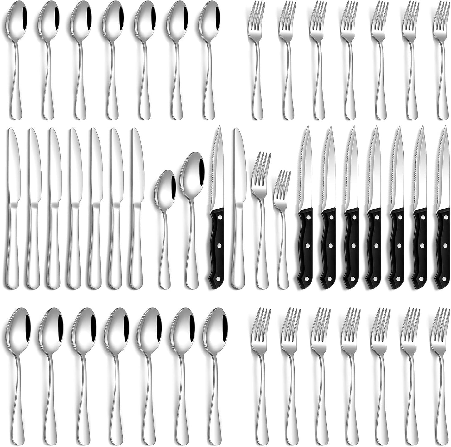 Conjunto de talheres de 48 peças com facas de carne para 8 pessoas, talheres de aço inoxidável espelhado, conjunto de utensílios laváveis na máquina de lavar louça