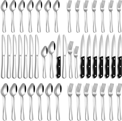 Conjunto de talheres de 48 peças com facas de carne para 8 pessoas, talheres de aço inoxidável espelhado, conjunto de utensílios laváveis na máquina de lavar louça