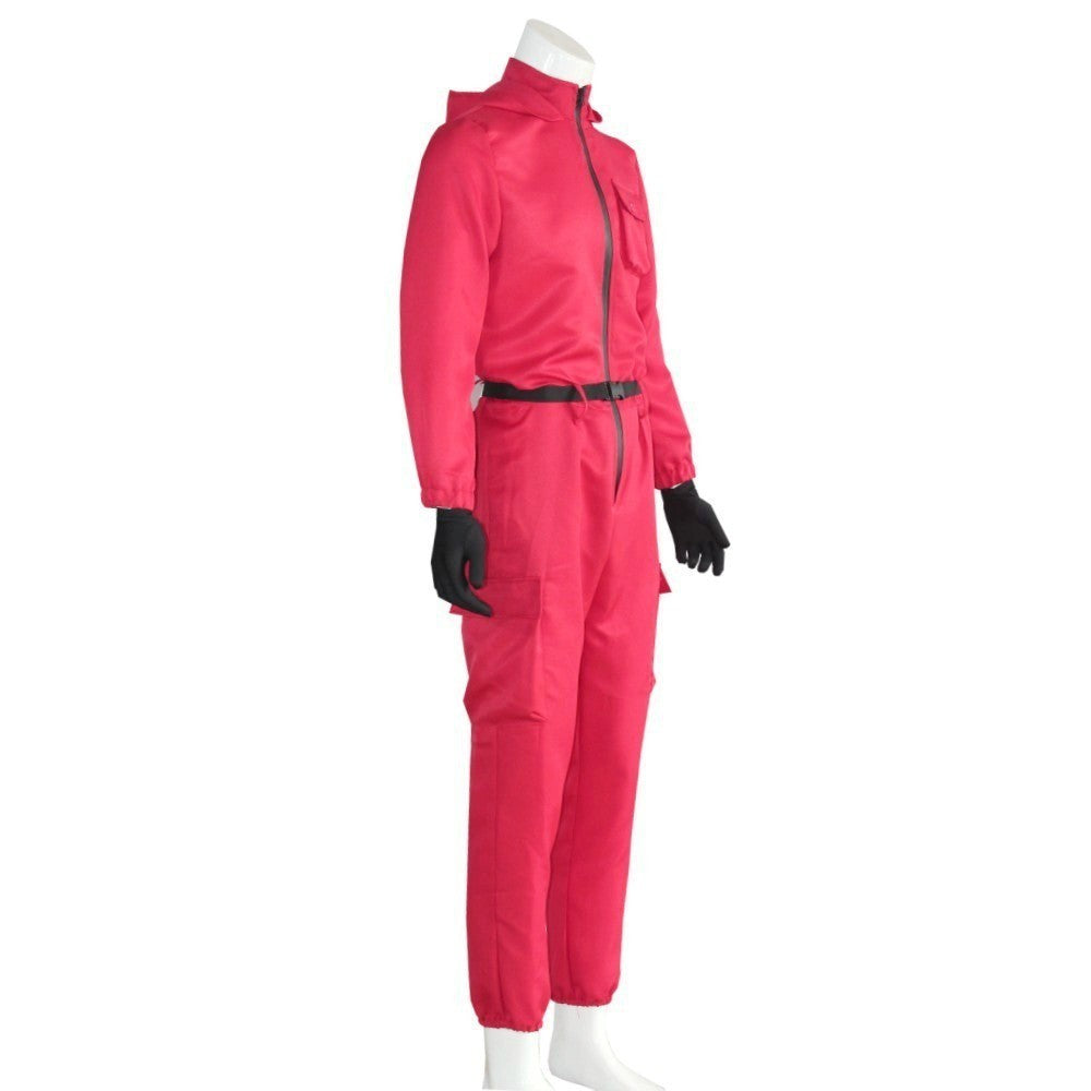 Adult Calamari Game Costume Guard Cosplay Jumpsuit Outfit Teenagers Tracksuit Hooded Overall Belt Gloves Mask Set Halloween