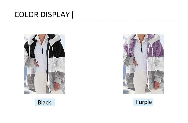Plus Size Autumn/Winter New Arrivals Women's Autumn/Winter Drop-Shoulder Long-Sleeved Colour-Block Patchwork Fleece Hooded Jacke