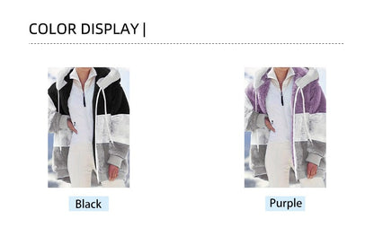 Plus Size Autumn/Winter New Arrivals Women's Autumn/Winter Drop-Shoulder Long-Sleeved Colour-Block Patchwork Fleece Hooded Jacke