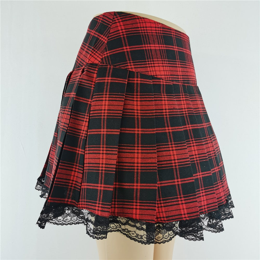 New Contrast Lace Plaid Pleated Skirt Vintage Sexy Skater Clothes Harajuku Gothic Punk England Style Y2k Skirt