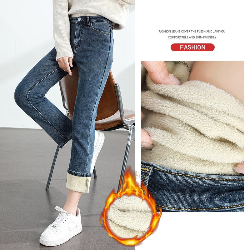 Women's Winter Fleece Warm Jeans Retro Elastic Thickened Comfortable Straight Fashion Korean Casual Female Velvet Denim Pants