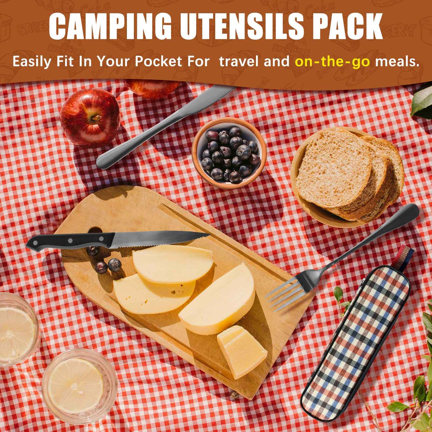 Kit de Talheres de Viagem 10 Peças com Bolsa de Armazenamento Talheres de Viagem de Aço Inoxidável Kit de Utensílios Portátil para Acampamento Kit de Talheres de Viagem