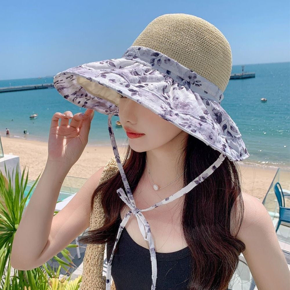 Fashion Flower Print Straw Hat Sun Protection Wide Brim Beach Hat Can Be Used As Bag Breathable Visor Hat Outdoor