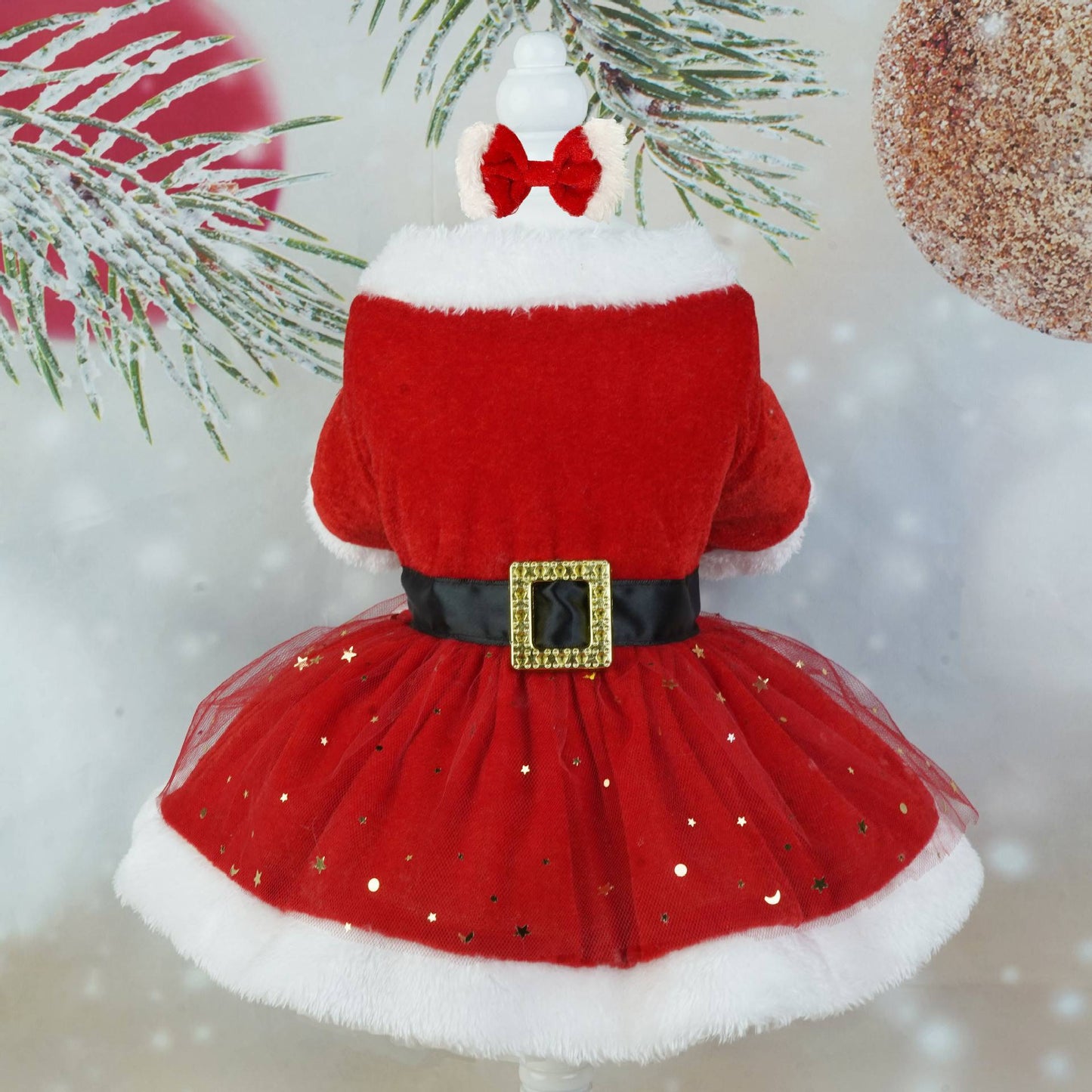 Vestido Festivo para Cães Fantasia Papai Noel Saia de Malha Vermelha Tecido Veludo Dourado Roupa para Pet Festa Aniversário Ano Novo