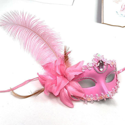 Feather Rhinestones Masquerade Mask Lace Women Flower Fashion Half Face Sexy Halloween Christmas Easter Cosplay Party Prom White