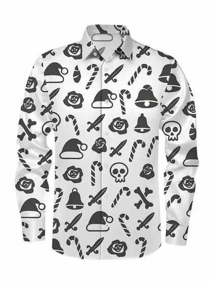 Christmas themed men's 3D hat printed formal shirt, Christmas pattern long sleeved shirt, fashionable men's shirt