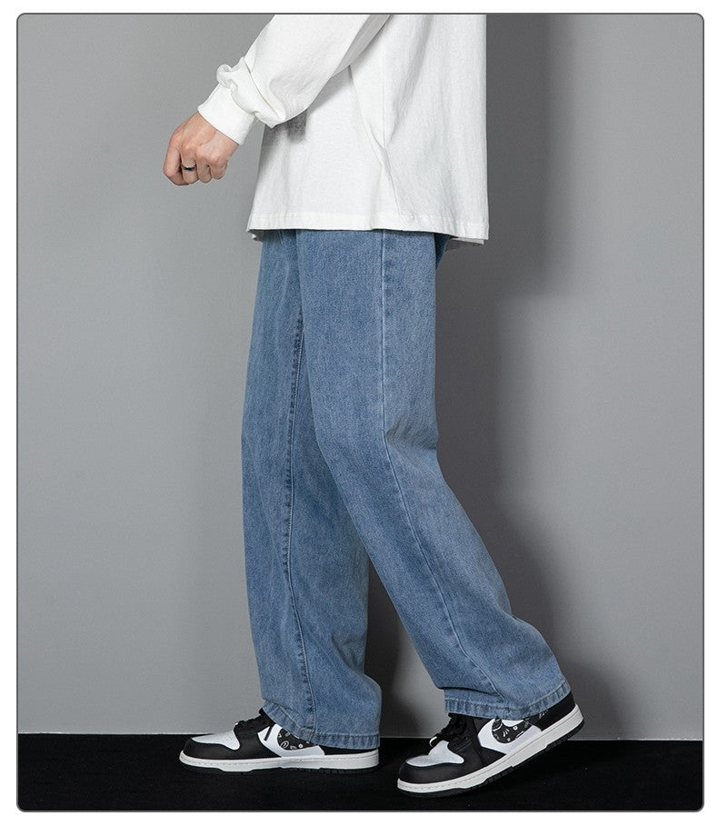 2025 Calças Jeans Casuais Masculinas Coreanas Novas Retas Longas Perna Larga Jeans Cor Sólida Azul Claro Cinza Preto