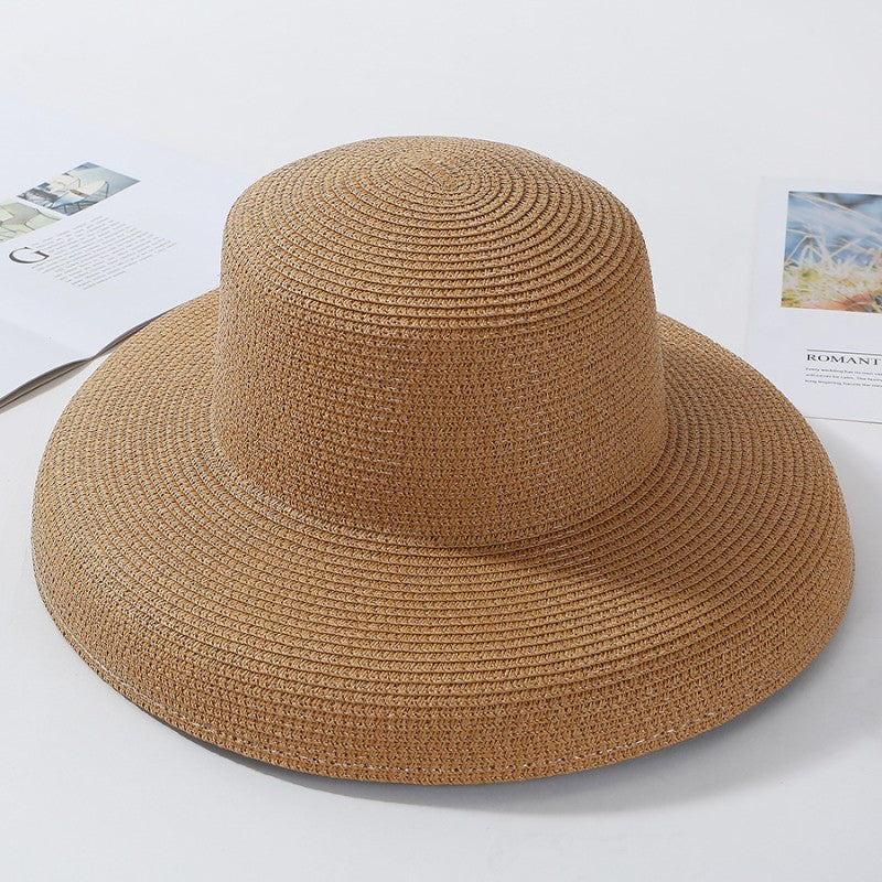 2023 New Summer Sun Hats Ladies Solid Plain Elegant Wide Brim Hat Female Round Top Panama Floppy Straw Beach Hat Women ????