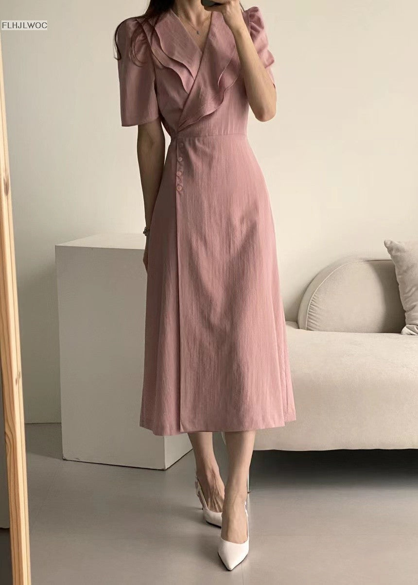 South Korea Chic Midi Dress Women Summer Japan Style Retro Vintage Design Ruffle