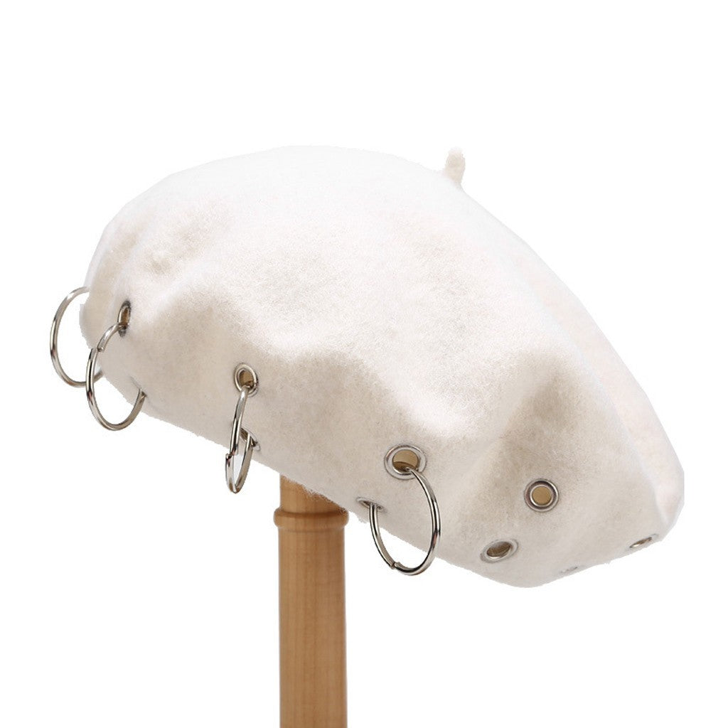 Fashion Winter Berets For Women girl Punk Rock Style Iron Rings Beret Caps Retro Wool Hats Black Woolen Painter Caps