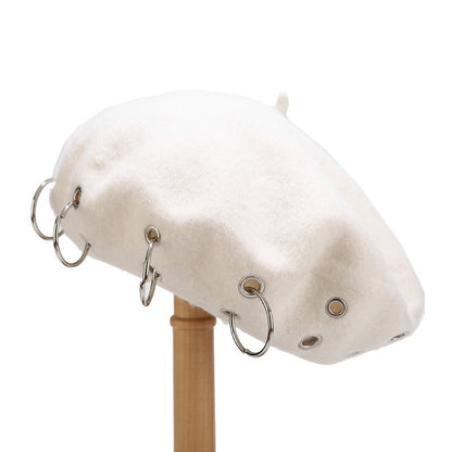 Fashion Winter Berets For Women girl Punk Rock Style Iron Rings Beret Caps Retro Wool Hats Black Woolen Painter Caps