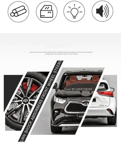 Miniaturas de carros Highlander RAV4 em liga fundida escala 1:24, com som, luz, portas que abrem, função de fricção e absorção de choque – Presente para meninos