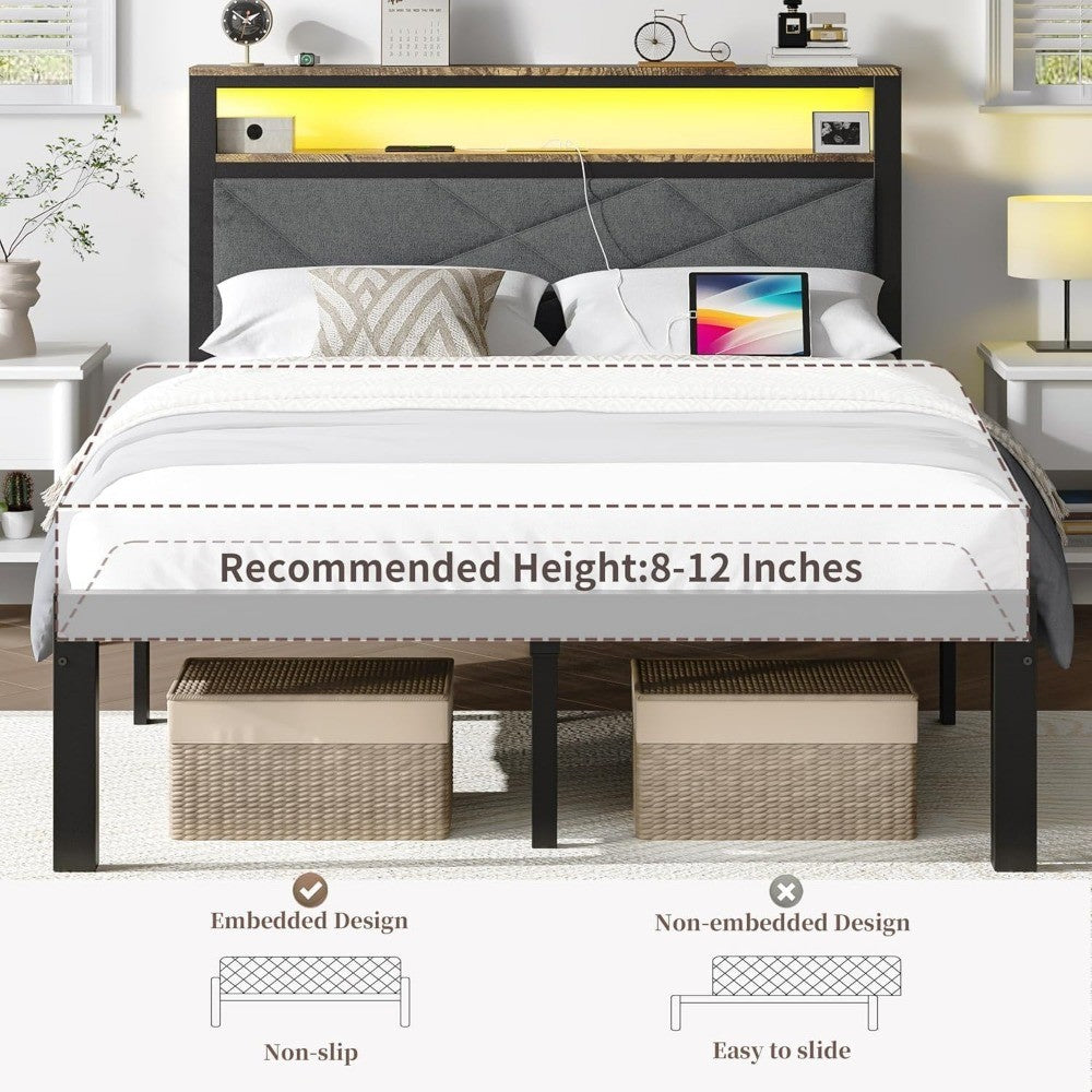 Bed Frame with LED Headboard & Built-in USB Charging Station,Linen Upholstered Backrest Metal Bed with Shelves,Under Bed Storage