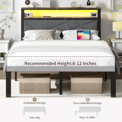 Bed Frame with LED Headboard & Built-in USB Charging Station,Linen Upholstered Backrest Metal Bed with Shelves,Under Bed Storage