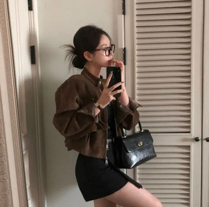 Retro American Coffee Brown Copper Zipper Button Short Jacket 2025 Autumn Trendy PU Leather Jacket Versatile for Dynamic Women