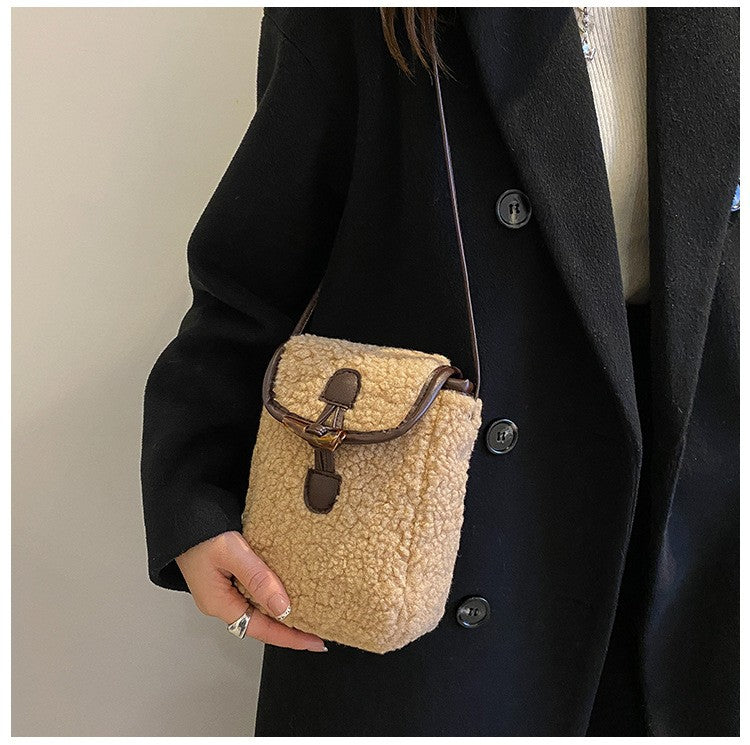 Fashion Winter Lambswool Phone Bag Sweet Lovely Portable Women Wallets Square Purse Faux Fur Plush Shoulder Bags Purses Handbags