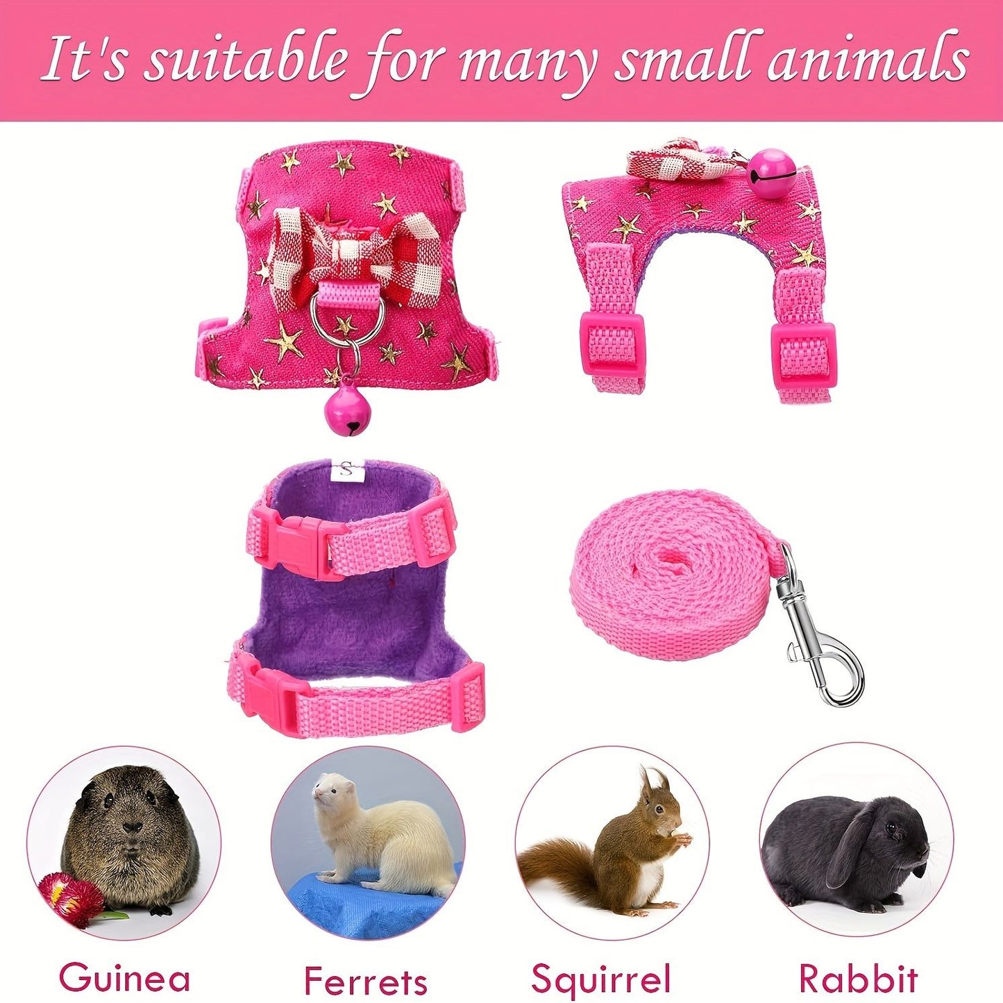 2 pçs/conjunto Arnês e Coleira para Hamster, Conjunto de Caminhada, Roupa para Pequenos Pets com Laço e Sinos, Colete Acolchoado Seguro e Confortável, Roupa para Hamster