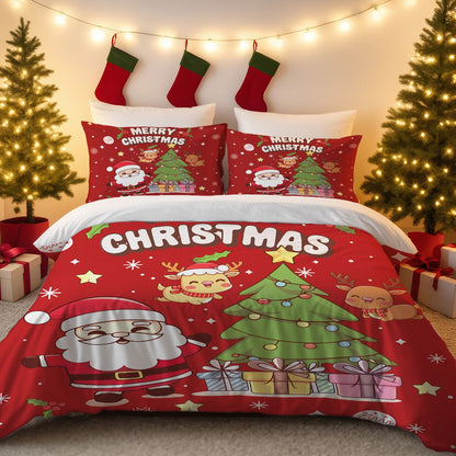 3pcs Santa Claus Christmas Tree Print Coreless Duvet Set Bedroom Dormitory Bedding Decoration Comfortable Machine Washable