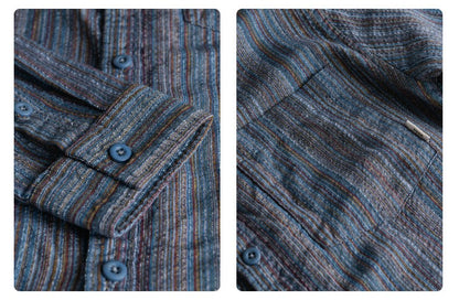 6158 Spring Fashion Japan Style Vintage Stripe Simple Cargo Shirt for Men Good Quality Cotton Long Sleeve Slim Fit Casual Blouse