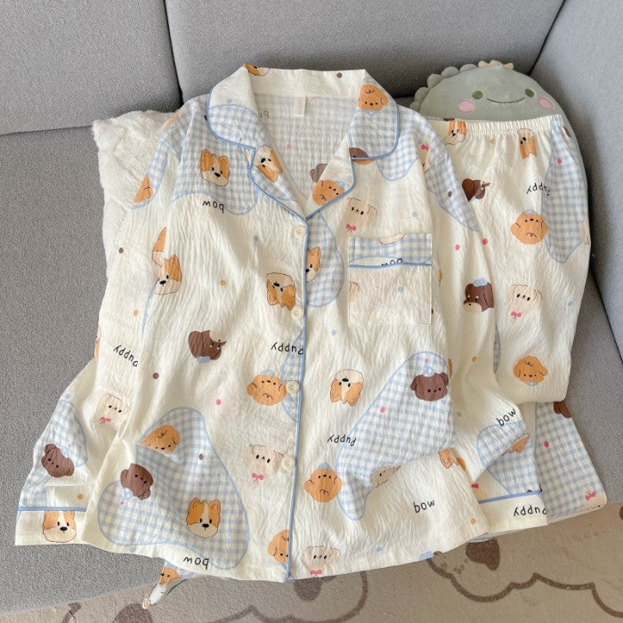 Harajuku Style Kawaii Sweet Loungewear 2 PC Set Line Star Dog Print Cute Casual Women's Pajamas Autumn Long New Fashion Homewear
