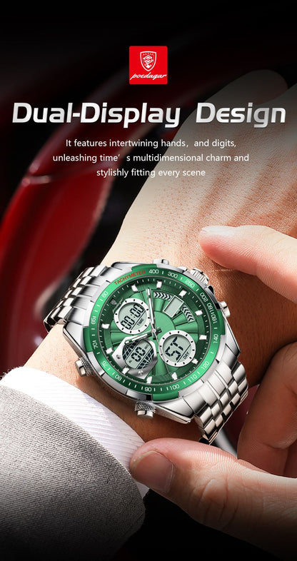 POEDAGAR Top Man Clock Waterproof Electronic LED Luxury Men's Watches Dual Time Display Digital Stainless Steel Men Quartz Watch