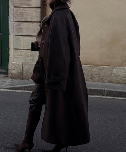 Brown Women Retro Woolen Warm Overcoat Solid Lapel Waist Cinching Single Breasted Loose Coat 2025 Lady Winter Street Warm Wear