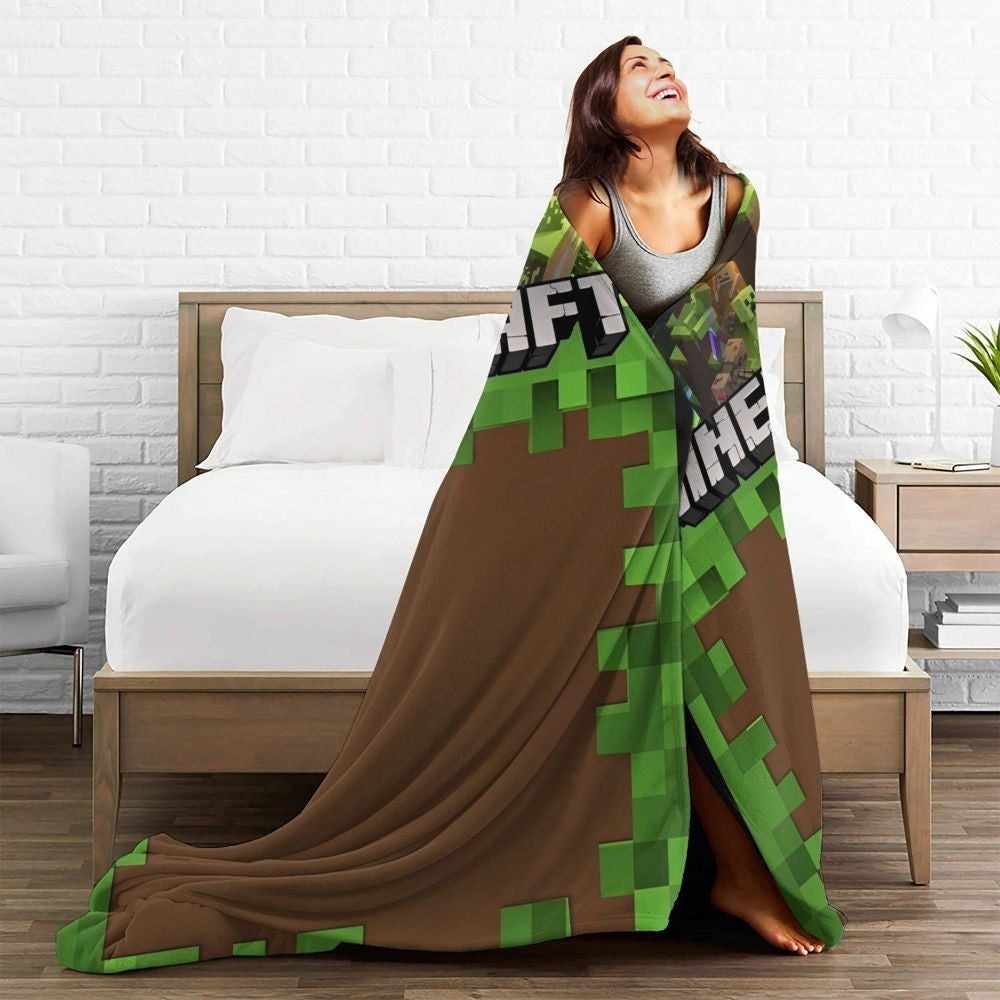 Cartoon Mines Pixel Game Crafts Flannel Blanket Super Warm Throw Blanket for Home Decor Decorative Street Trend Bedspread