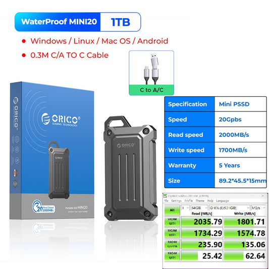 ORICO Portable SSD Up to 2000 MB/s USB 3.2 Gen 2 x 2 External Solid State Drive Water and Dust Resistance for Outdoors Zinc Allo