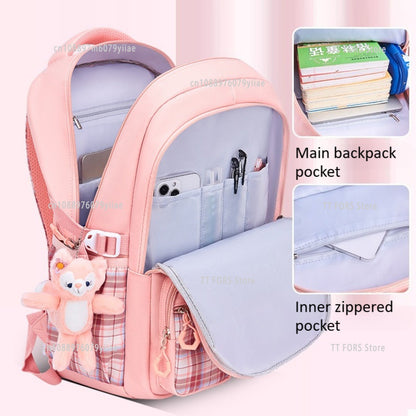Mochila Escolar Infantil Feminina Xadrez Ergonômica Protege a Coluna Grande Capacidade Leve Impermeável