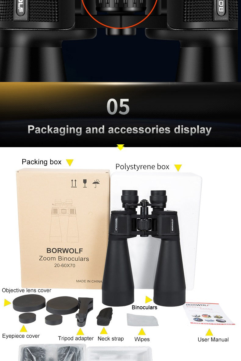 BORWOLF Binóculos de Grande Lente Objetiva 20-60X70 FMC Óptica de Alta Potência para Caça Observação de Pássaros e da Lua