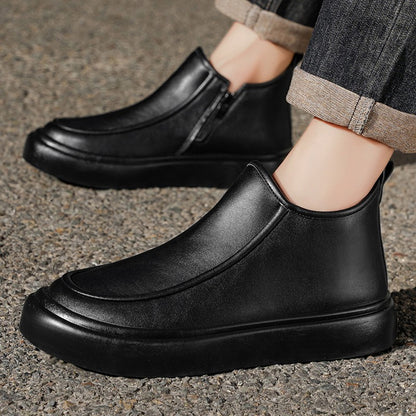 2025 Autumn New Leather Short Boots, Mid-calf Zipper Casual Outdoor Shoes, Anti-slip and Wear-resistant Men's Work Boots