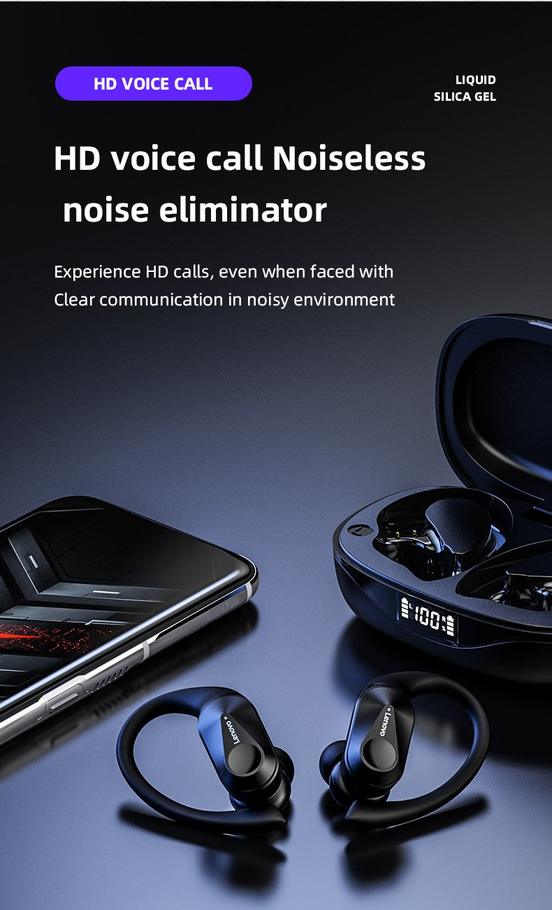 Fones de ouvido sem fio Lenovo LP75 TWS Bluetooth 5.3 com redução de ruído, gancho esportivo, estéreo HiFi, à prova d'água para jogos