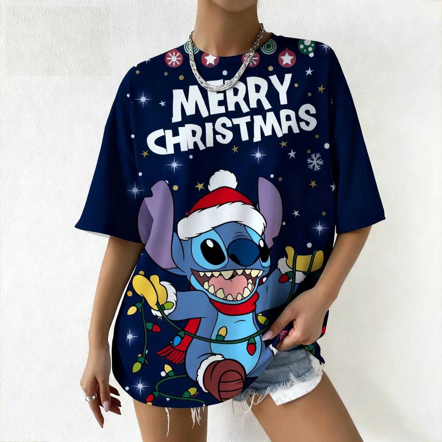Women's Disney Stitch Christmas Tee Summer Oversized Short Sleeve Top Streetwear Daily Fashion & Trendy Outfits Casual T-Shirt