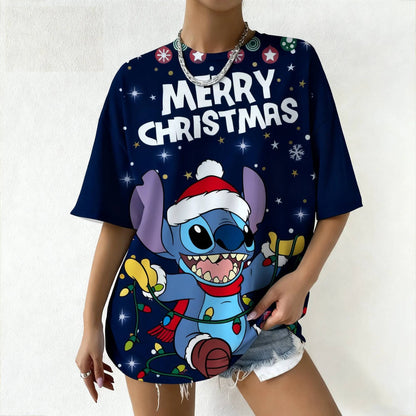 Women's Disney Stitch Christmas Tee Summer Oversized Short Sleeve Top Streetwear Daily Fashion & Trendy Outfits Casual T-Shirt