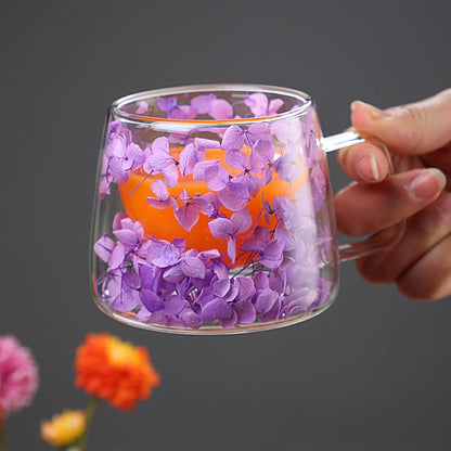 Copo de Vidro de Parede Dupla 200ml Transparente com Padrão de Flores Caneca de Chá Leite Café com Alça Presente para Amigos Copo de Água para Casa