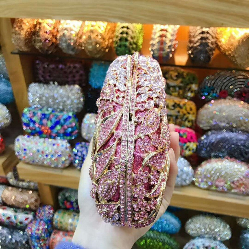 XIYUAN women red/pink/blue/gold/silver Hollow Out Flower Birthday party Crystal Evening bag Clutch purse Minaudiere Handbags