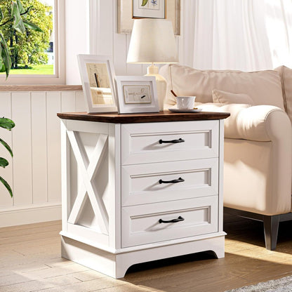Nightstand with Drawers - Wide End Table with 3 Large Drawers & Bar Handles, Small Rustic Wood Chest of Drawers for Bedroom