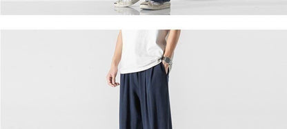 Summer Large Size Linen Cotton Wide Leg Pants Men Casual Comfortable Loose Fit Straight Leg Trousers Long Pants
