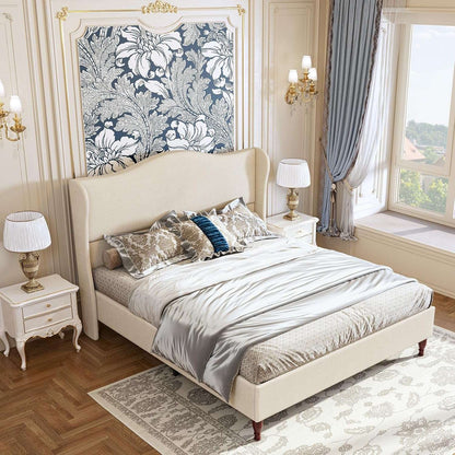 Queen Size Bed Frame Upholstered Platform Bed with 51" Tall Headboard Wingback, Soft Fabric, Retro Simple Style Platform